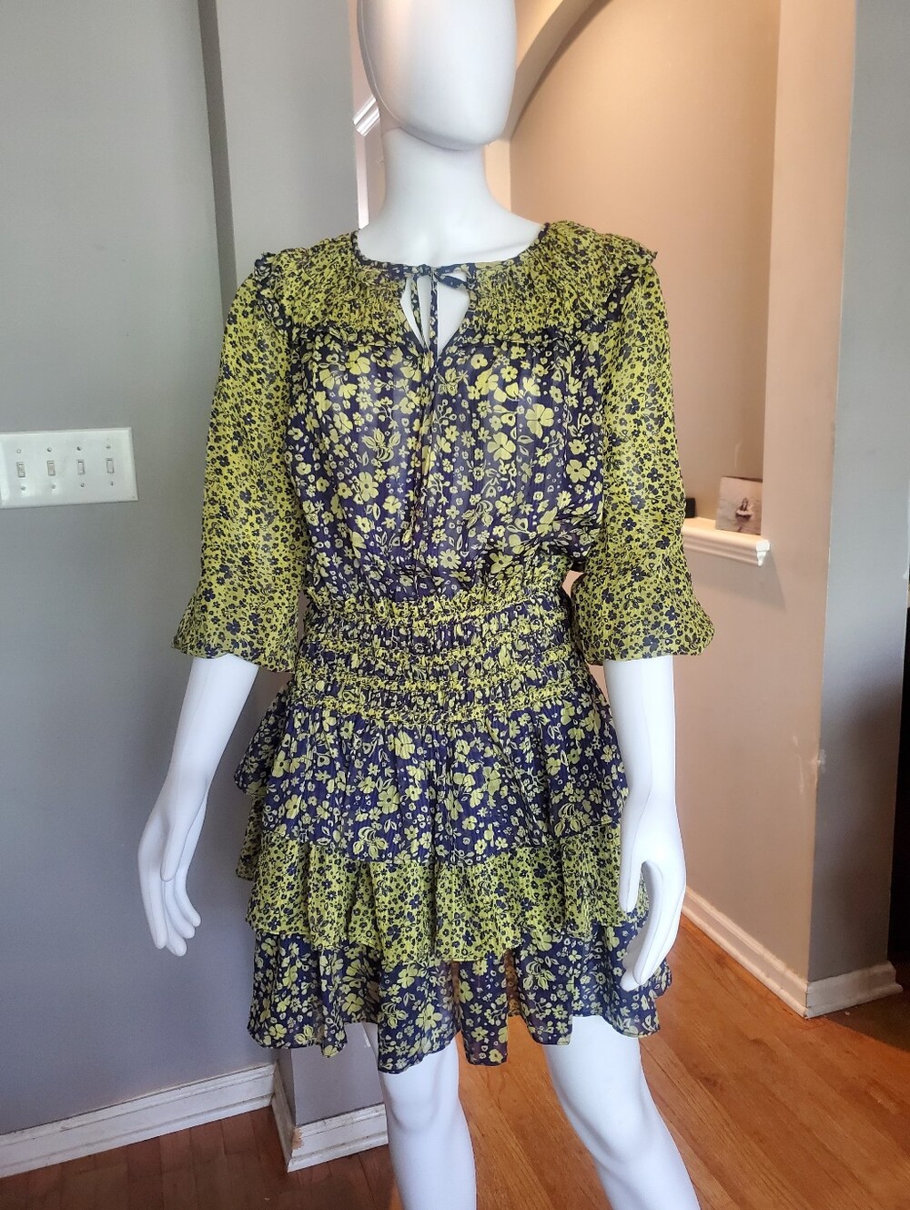 Floral Tiered Smocked Waist Mini Dress - Mustard & Navy
